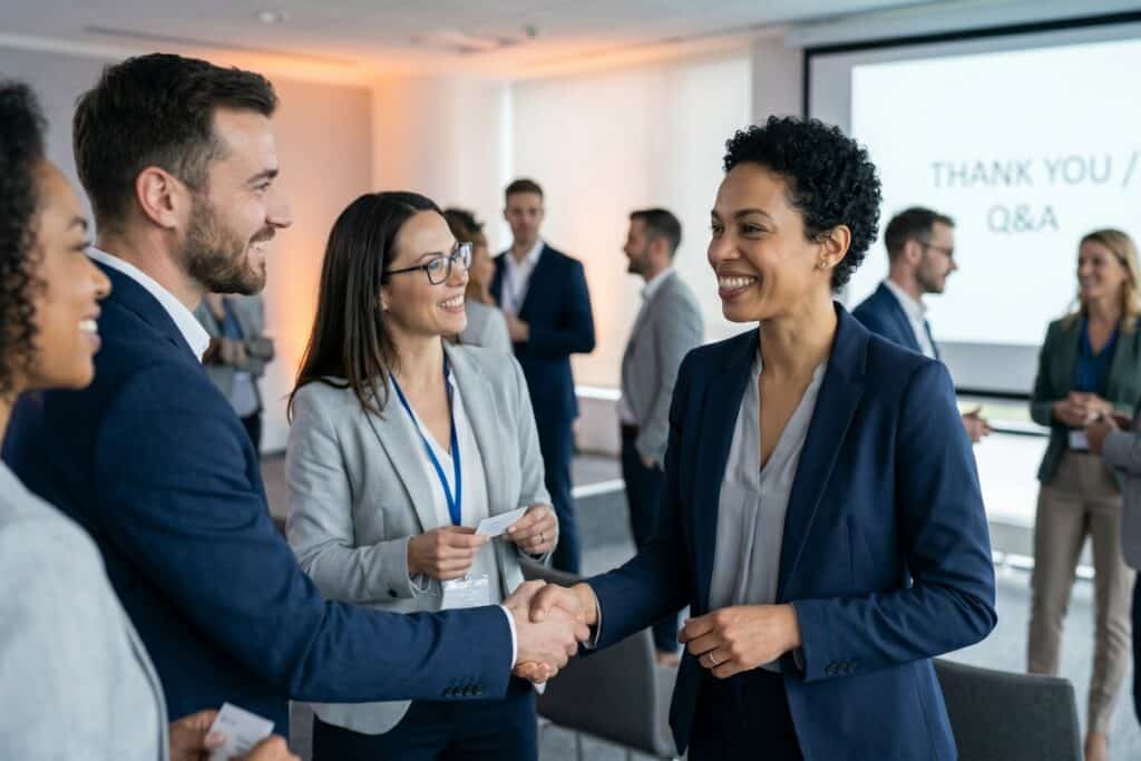 Diverse business people handshake and networking at corporate conference conclusion with question answer slide.