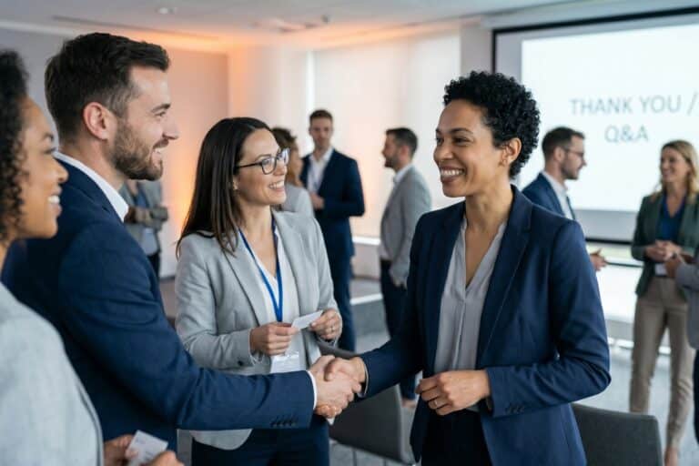Diverse business people handshake and networking at corporate conference conclusion with question answer slide.